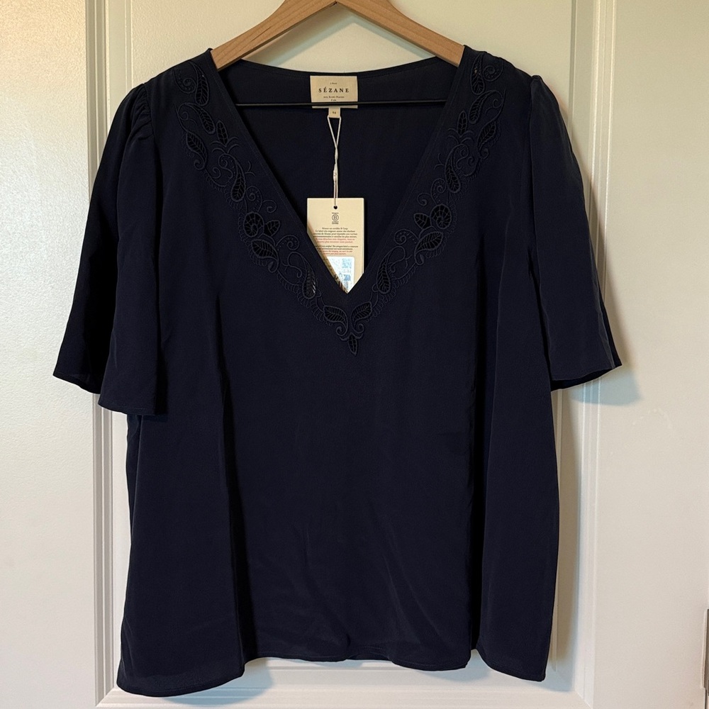 Sezane Minara Blouse Navy - Size 12